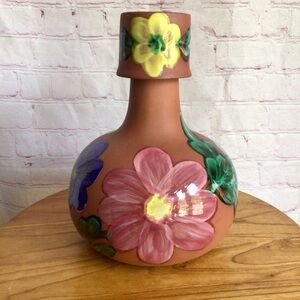 Vintage Hand Painted Pottery Mexican Water Jug with Cup